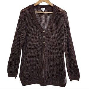 Chico's Top Womens L Brown Cotton Open Weave Long Slv Button Tunic Boho Beach